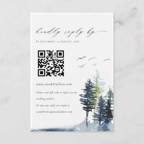 QR Code Green Blue Pine Forest Birds Wedding RSVP Enclosure Card