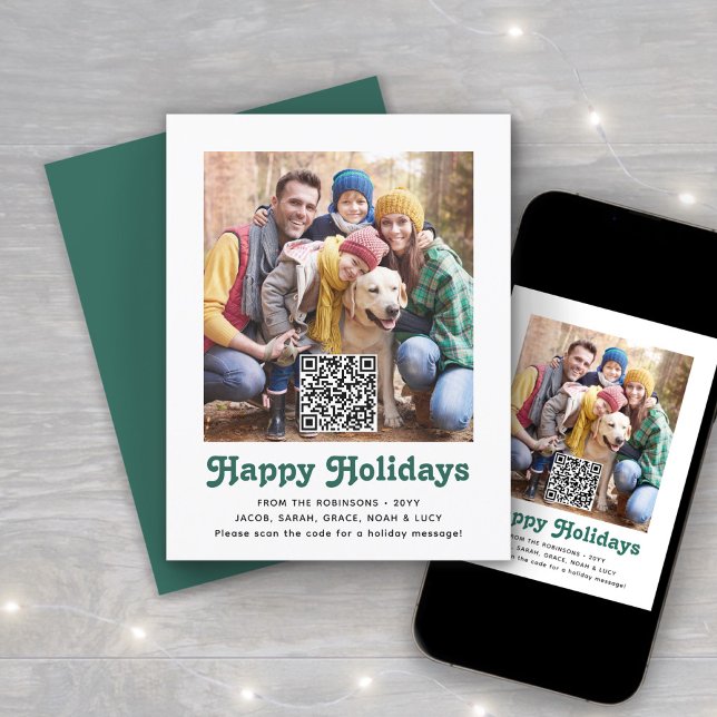 QR Code Green Retro Happy Holidays Simple 1 Photo Holiday Card (Creator Uploaded)