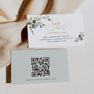 QR Code Greenery Gold Wedding RSVP Cards