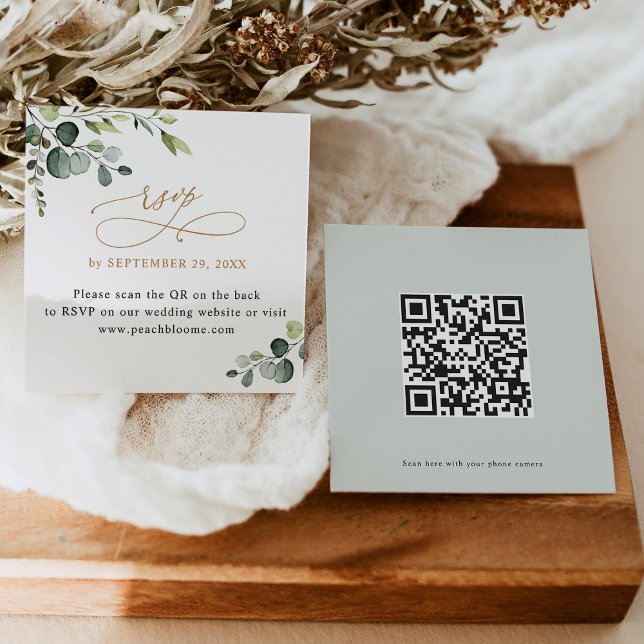QR Code Greenery Gold Wedding Website RSVP Cards (Creator Uploaded)