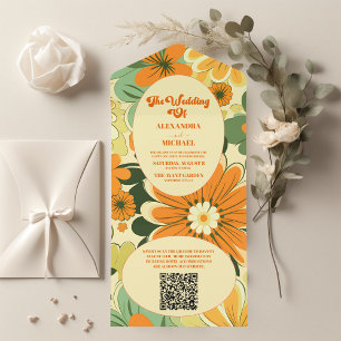 QR Code Groovy Boho Retro Floral Wedding All In One Invitation