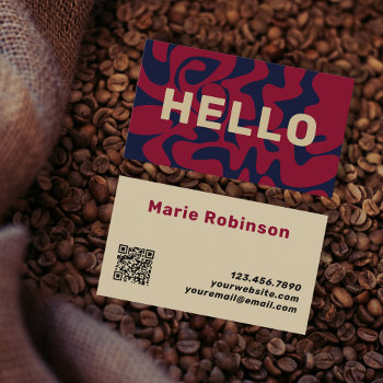 Qr Code Groovy Burgundy Beige Navy Blue Squiggles Business Card by TabbyGun at Zazzle