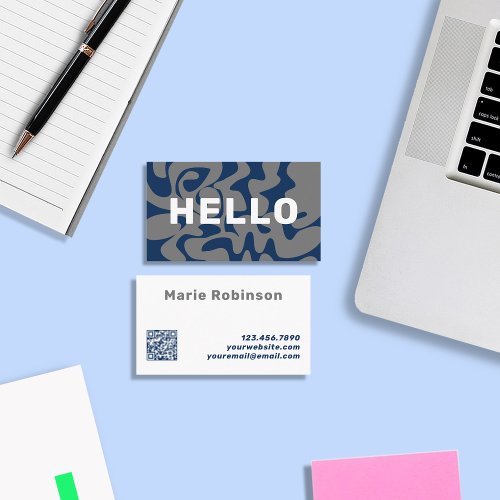 QR Code Groovy Denim Blue Gray White Squiggles Business Card