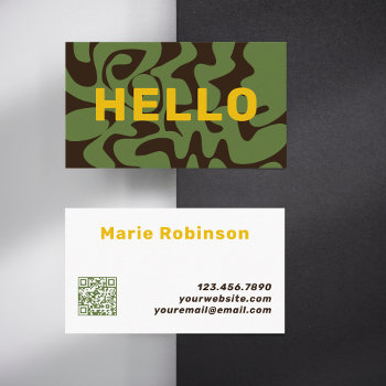 Qr Code Groovy Gold Brown Army Green Squiggles Business Card by TabbyGun at Zazzle