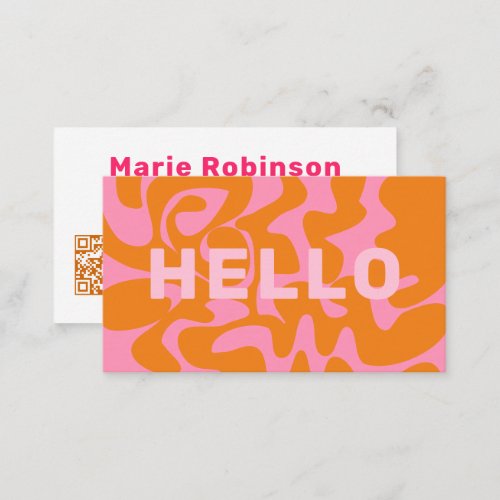 QR Code Groovy Orange Pink Retro Squiggles Business Card