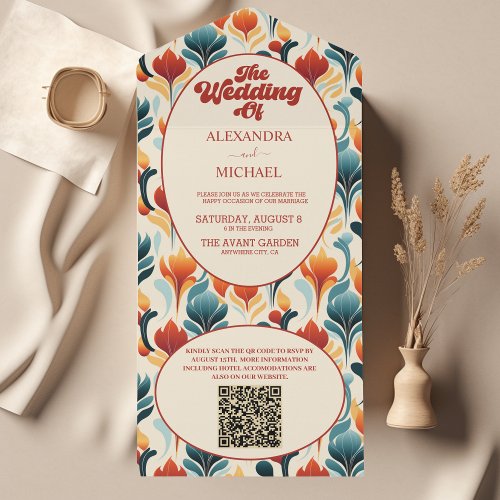 QR Code Groovy Retro 70s Floral Wedding All In One Invitation