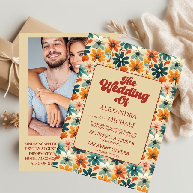 QR Code Groovy Retro 70s Floral Wedding Invitation (Creator Uploaded)