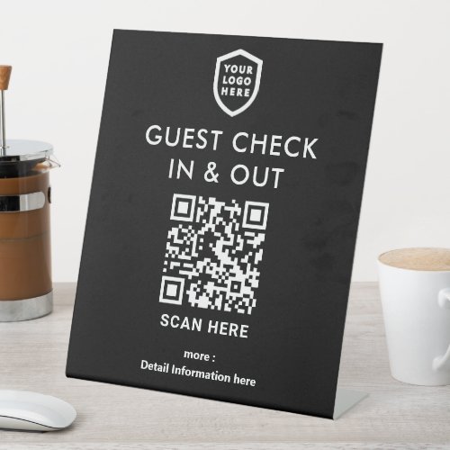 QR Code Guest Check In  Out  Black Business Logo Pedestal Sign
