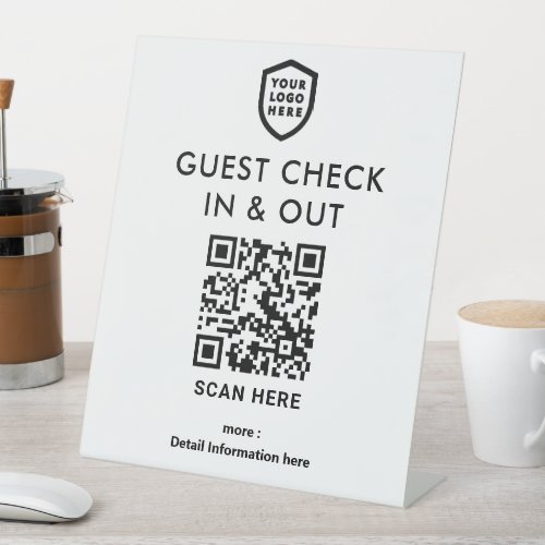 QR Code Guest Check In  Out  White Business Logo Pedestal Sign