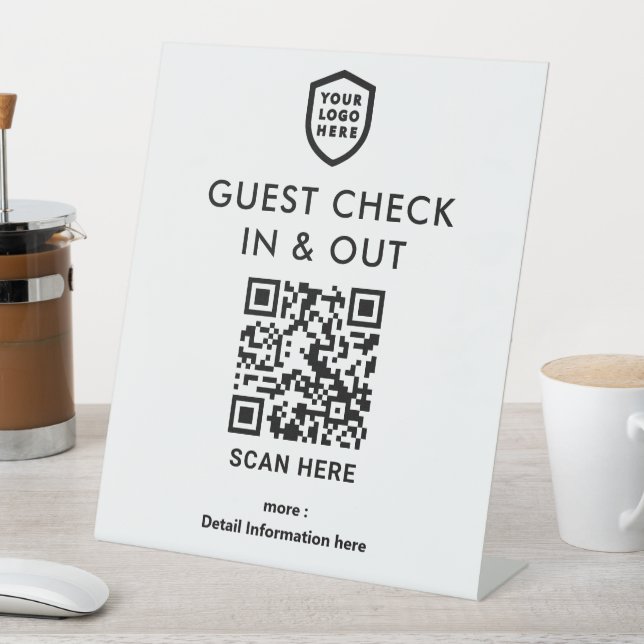QR Code Guest Check In & Out | White Business Logo Pedestal Sign (In SItu)
