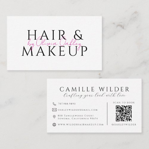 QR Code Hair And Makeup Blush Pink Script Name Business Card