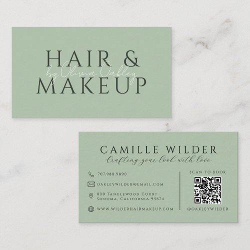 QR Code Hair And Makeup Sage Green Business Card