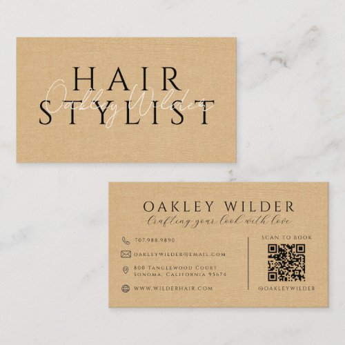 QR Code Hair Stylist Beige Faux Linen Business Card