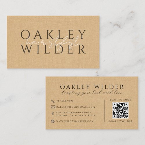 QR Code Hair Stylist Beige Faux Linen Business Card