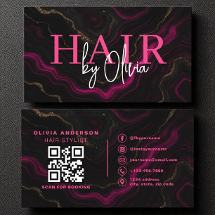 QR Code Hair Stylist Black Hot Pink Marble Business Card