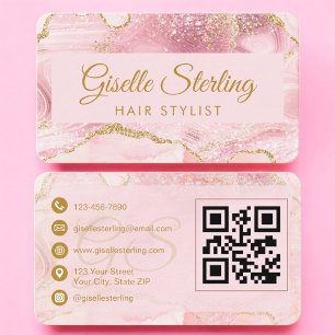 QR Code Hair Stylist Blush Pink Gold Agate  Business Card