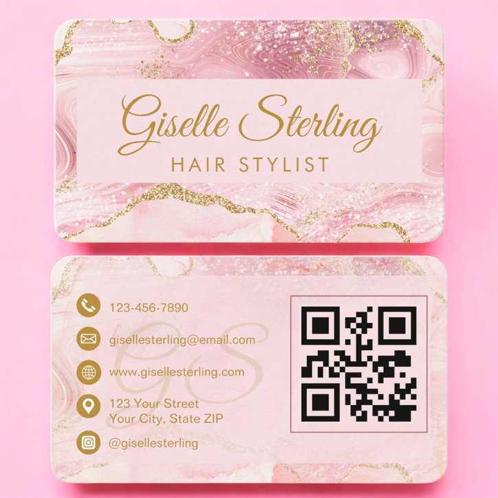 QR Code Hair Stylist Blush Pink Gold Agate Business Card