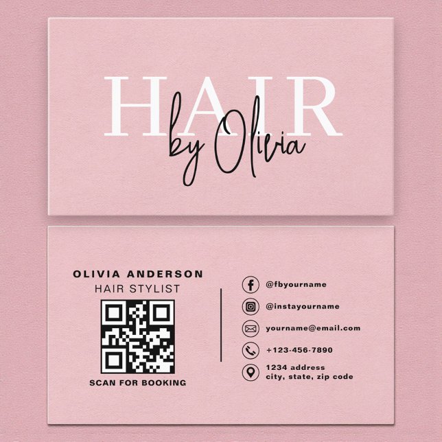 QR Code Hair Stylist Pink Suede Typography  Business Card (Creator Uploaded)