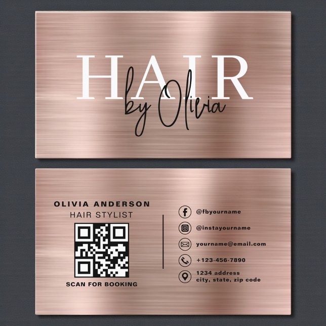QR Code Hair Stylist Rose Gold Faux Metallic Business Card (Creator Uploaded)
