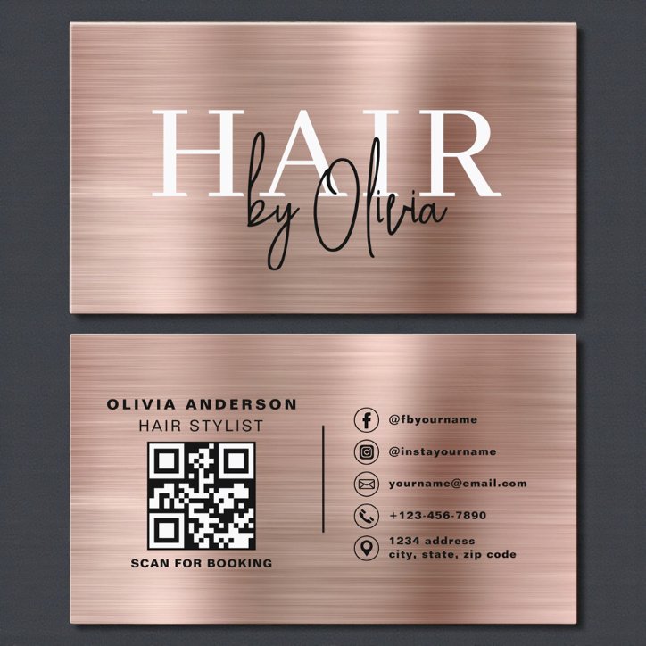 QR Code Hair Stylist Rose Gold Faux Metallic Business Card