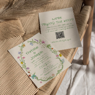 QR Code Hand Drawn Colorful Floral Wreath Wedding Invitation