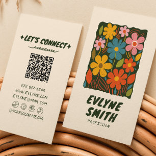 QR Code Hand Drawn Colorful Retro Funky Floral Business Card