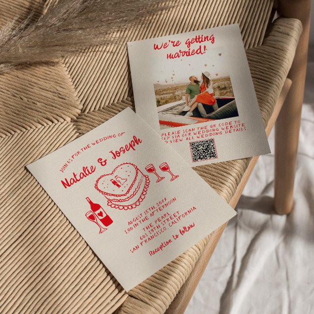 QR Code Hand Drawn Red Quirky Cake Photo Wedding Invitation (Creator Uploaded)
