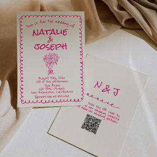QR Code Hand Drawn Vivid Pink Retro Funky Wedding Invitation