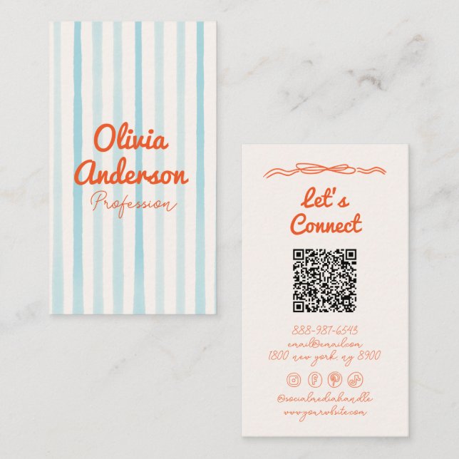 QR Code Hand Drawn Written Blue Orange Whimsy Boho Business Card (Front/Back)