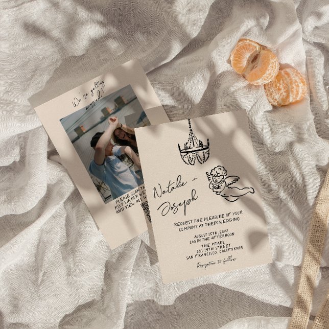 QR Code Hand Drawn Written Cupid Photo Wedding Invitation (Creator Uploaded)