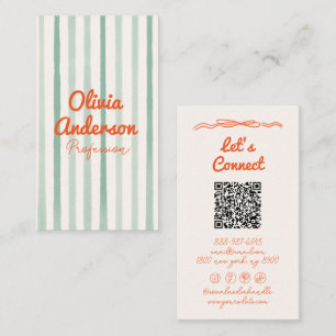 QR Code Hand Drawn Written Green Orange Boho Fun Business Card
