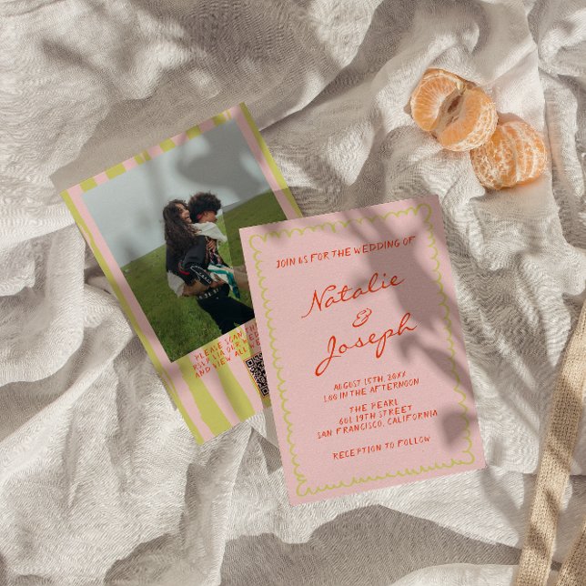 QR Code Hand Written Pinstripes Photo Wedding Invitation (Creator Uploaded)
