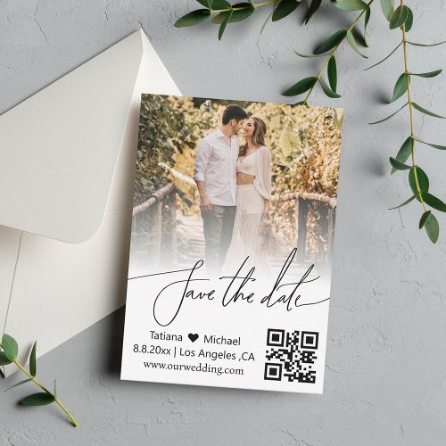 qr code handwriting  couple photo save the date   note card