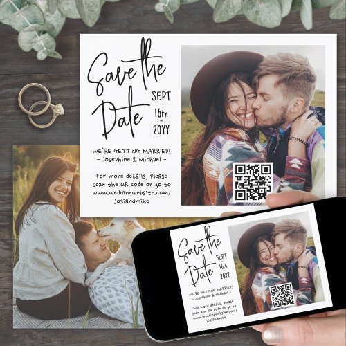 QR Code Handwritten Style Casual 2 Photo Wedding Save The Date