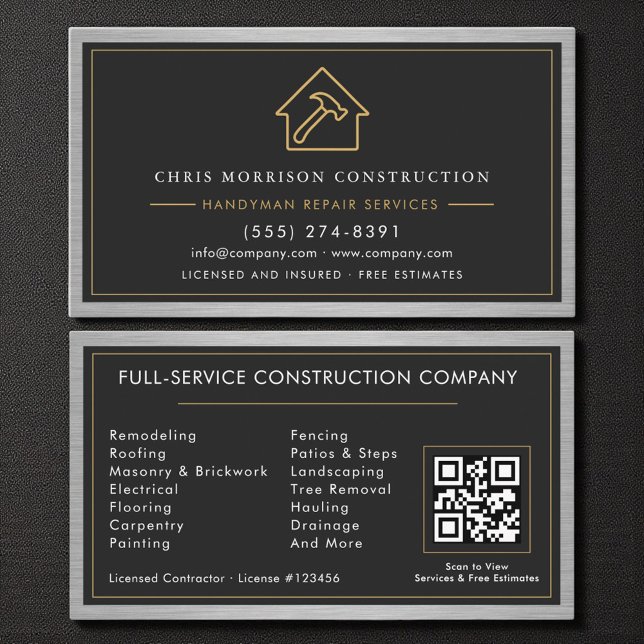 QR Code Handyman Metal Construction Black Gold  Business Card (Creator Uploaded)