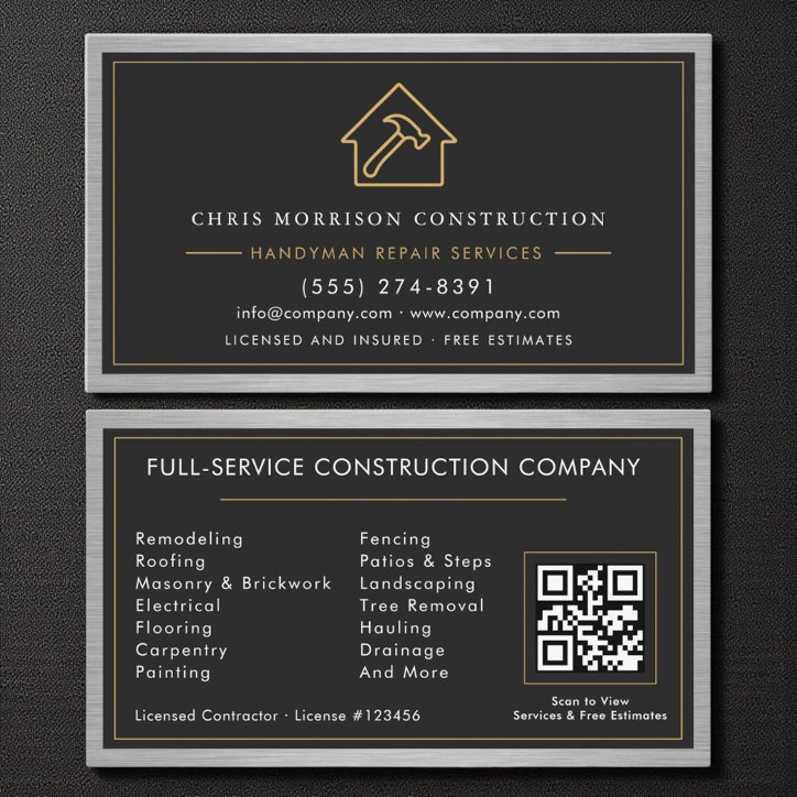 QR Code Handyman Metal Construction Black Gold Business Card