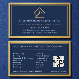 QR Code Handyman Navy Blue Gold Metal Business Card