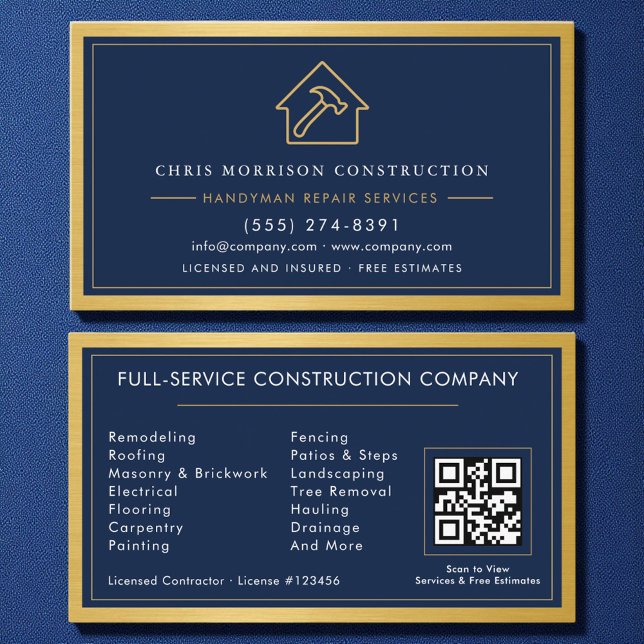 QR Code Handyman Navy Blue Gold Metal Business Card (Creator Uploaded)