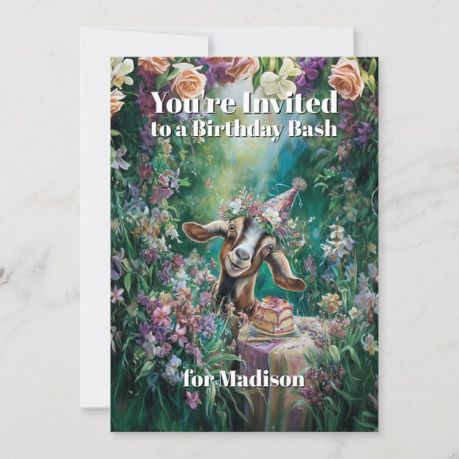 QR code Happy Birthday Nubian Goat Garden Flowers Invitation (Front)