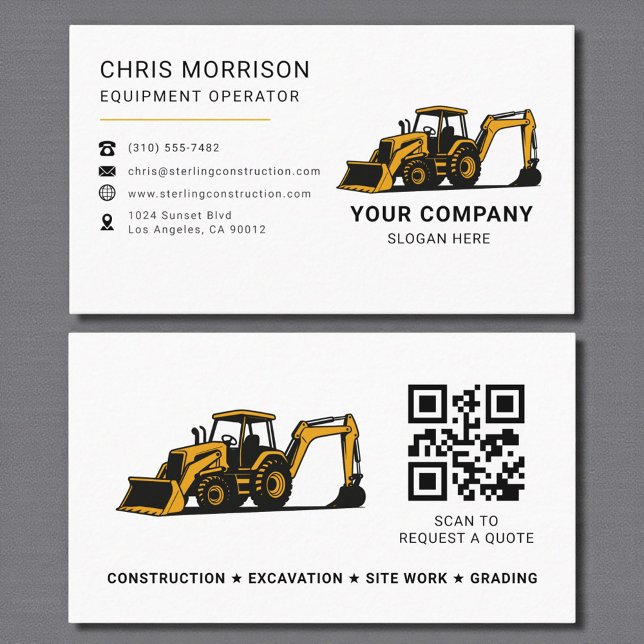 QR Code Heavy Equipment Construction Company Business Card (Creator Uploaded)