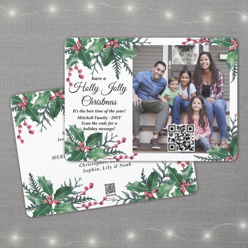 QR Code Holly Jolly Christmas Greenery 1 Photo Holiday Card