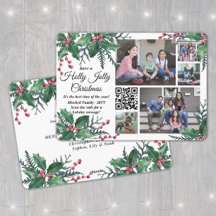 QR Code Holly Jolly Christmas Greenery 5 Photo Holiday Card