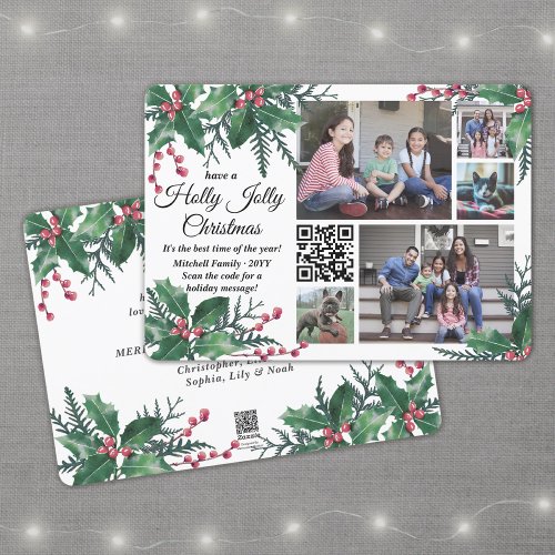 QR Code Holly Jolly Christmas Greenery 5 Photo Holiday Card