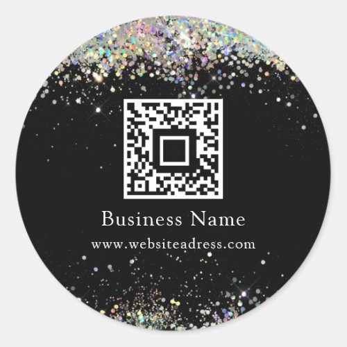 QR Code Holographic Glitter Business Black Classic Round Sticker