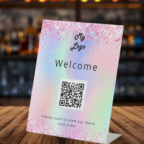 QR code holographic restaurant diner bar menu  Pedestal Sign