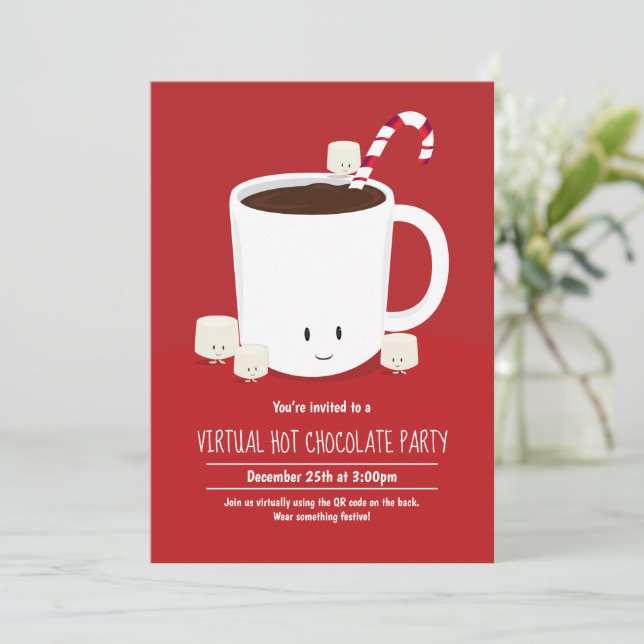 QR Code Hot Chocolate Virtual Christmas Party Invitation (Standing Front)