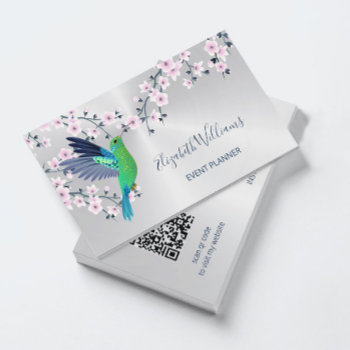 Qr Code | Hummingbird Cherry Blossom Silver Business Card by NinaBaydur at Zazzle