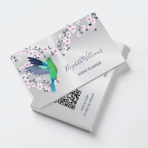 QR Code  Hummingbird Cherry Blossom Silver Business Card