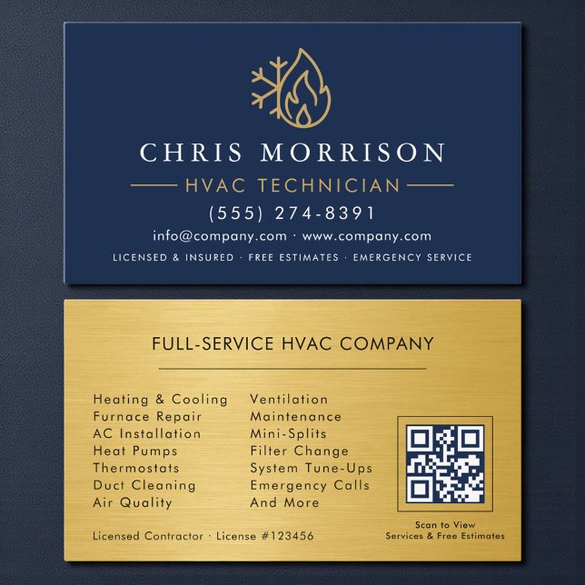 QR Code HVAC Technician Navy Blue Gold Business Card (Creator Uploaded)