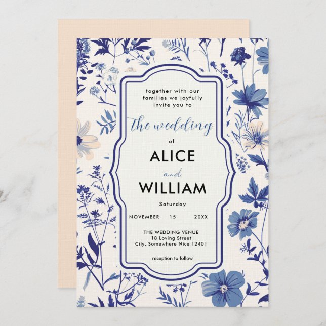 QR code Indigo Blue Wildflower Wedding Invitation (Front/Back)